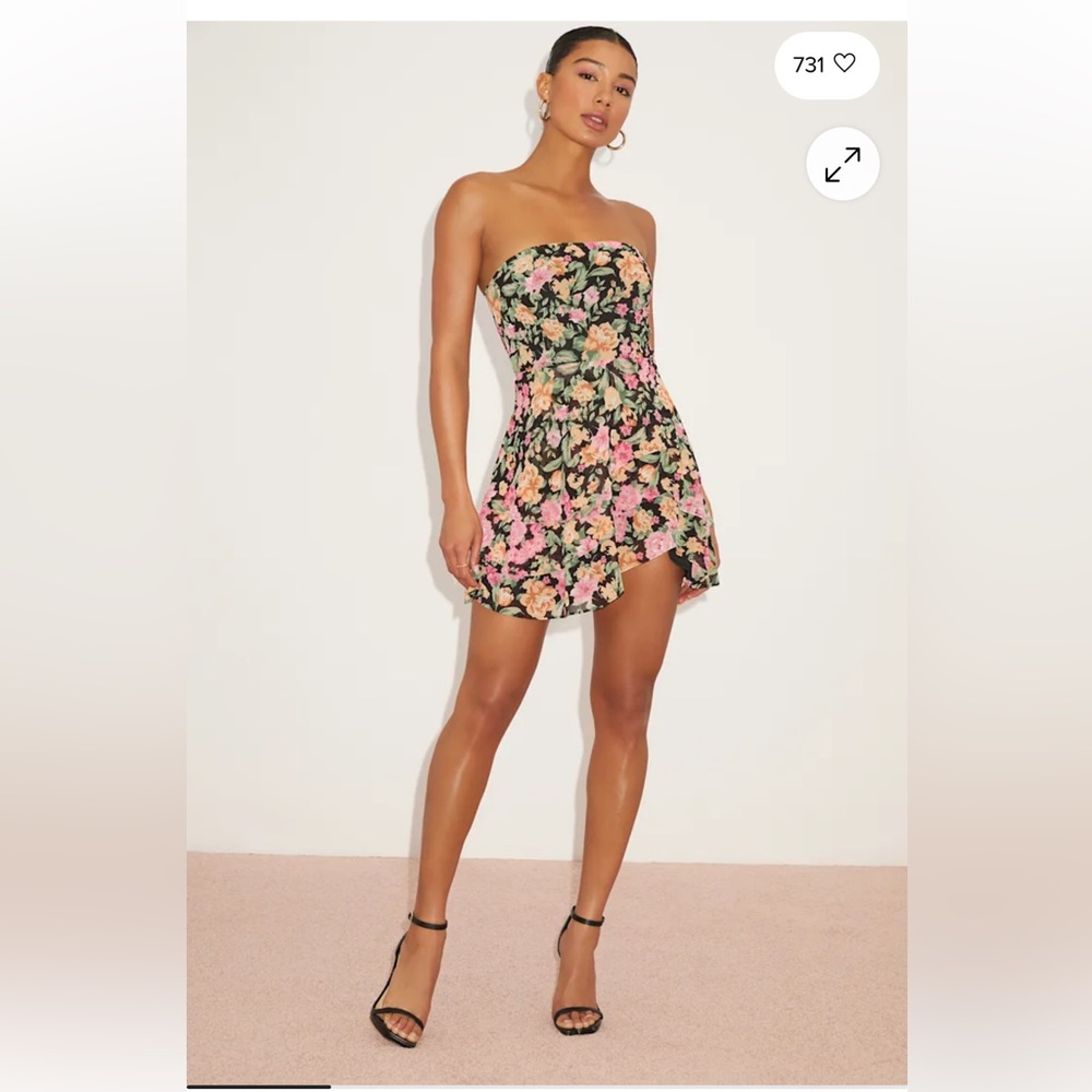 Lulu's Black and Pink Floral Strapless Dress